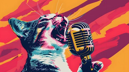 cat  singing illustration  - obrazy, fototapety, plakaty