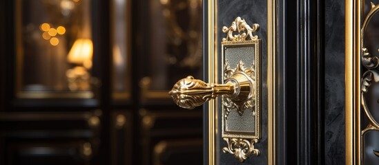 Detailed view of a door handle on a sleek black door, showing the design and texture of the handle - obrazy, fototapety, plakaty