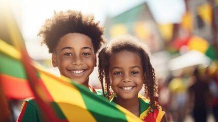 Happy African American Children holding red, green and yellow flag symbolizing Juneteenth Freedom and African liberation day. Black life matters. Black history month.