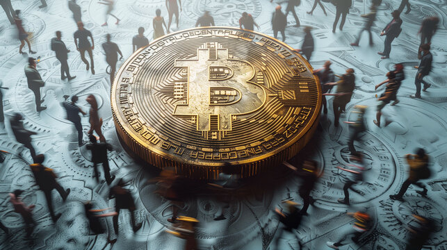 Aerial view of giant bitcoin coin and people walking around the cryptocurrency in the digital finance market of financial blockchain