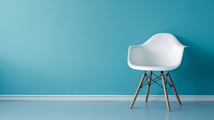 A white chair against a blue wall with wood legs, AI - obrazy, fototapety, plakaty