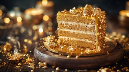 A slice of cake on a wooden plate with candles and gold decorations, AI