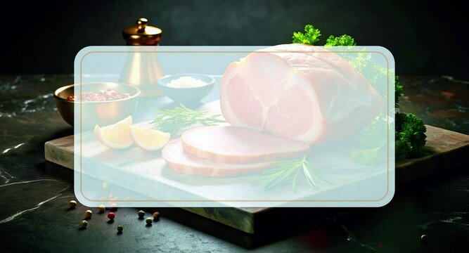 Succulent Ham with Lemon and Parsley on Cutting Board Moving Video Background with Text Placeholder. Video screensaver interlude for cooking videos or videos about BBQ, meat.