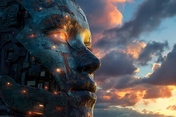 Enigmatic Artificial Intelligence Monument at Dawn: A Mesmerizing Sculpture Embodying the Fusion of Technology and Mythology