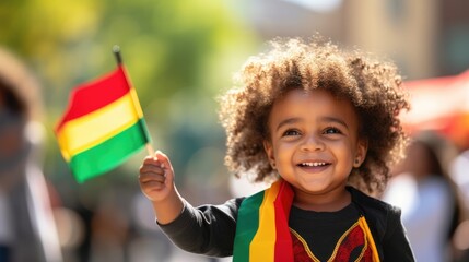 Happy Child Holding red, green and yellow flag symbolizing Juneteenth Freedom and African liberation day. Black life matters. Black history month.