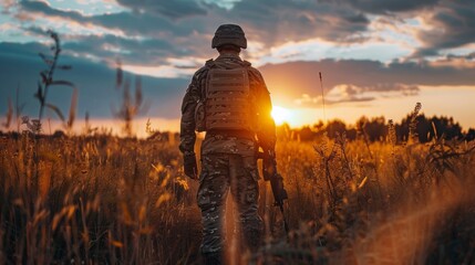 A soldier in a field with the sun setting behind him, AI