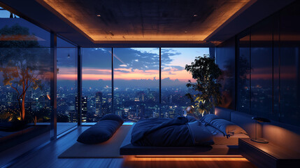 Fototapeta premium Spectacular City Scene from the Penthouse Bedroom