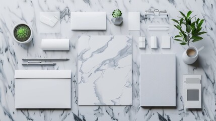 A marble countertop with a variety of business stationery items, AI