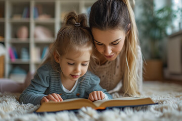 A mother and her daughter reading a story, book or story together. Concept education, reading, family.