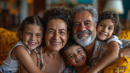 Portrait of a couple of happy grandparents hugging with their grandchildren. Concept grandparents and grandchildren, family, affection.