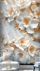 A white flower wall mural with gold accents and a couch, AI