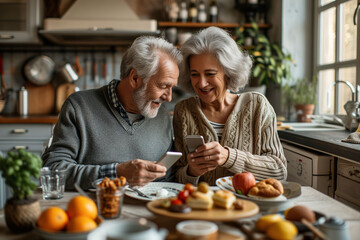 A middle-aged couple sharing or commenting on content, photos or posts on their smartphones at lunchtime. Concept technology, middle age, adaptation. - obrazy, fototapety, plakaty