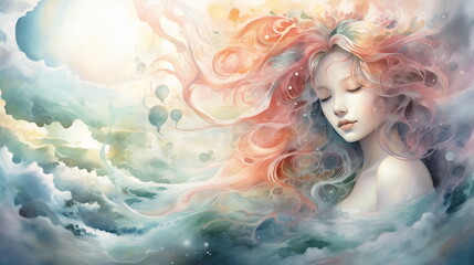 Fantasy digital art portrait of a dreamlike woman surrounded by clouds and colorful swirls. Surreal concept for imaginative wall art and design.