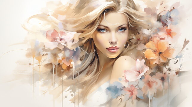 Stunning digital art portrait of a lady with blooming flowers, vibrant color splashes on a light background. Ideal for beauty and nature-themed design.