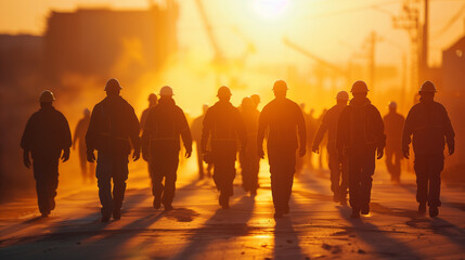 A diverse group of people, silhouetted against the setting sun, walk down a street lined with buildings. The warm glow of the sunset casts long shadows on the pavement
