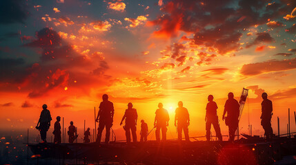 A diverse group of people stands in unity against a vibrant sunset, their outlines blending with the colors of the painted sky - obrazy, fototapety, plakaty