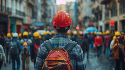 A man in a vibrant red hard hat strolls confidently down the street on Labor Day - obrazy, fototapety, plakaty