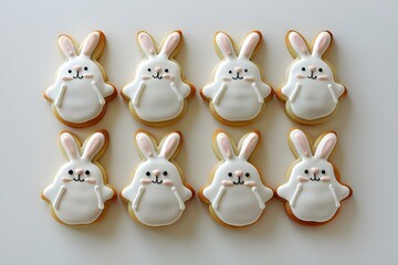 Obraz premium Minimalist Easter Bunny Cookies on White Background with Centered Professional Photo and Copy Space. Concept Easter Bunny Cookies, Minimalist Style, White Background, Professional Photography