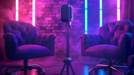 one mic and two comfy chairs in modern podcast studio room with violet and red neon lights in the background, luxurious space.