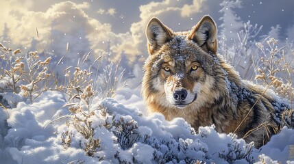 Snowbound Sentinel A detailed portrait of a wolf in a snowy landscape, showcasing its resilience and the stark beauty of its fur against the snow , vibrant