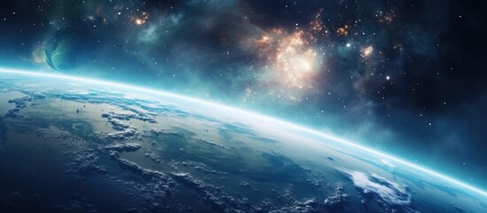 Fototapeta premium A breathtaking view of Earth from space, with a galaxy in the background. The natural landscape, clouds, and auroras create a stunning display of our worlds beauty