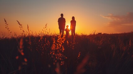 A couple of people standing in a field at sunset, AI