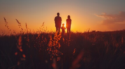 Fototapeta premium A couple of people standing in a field at sunset, AI