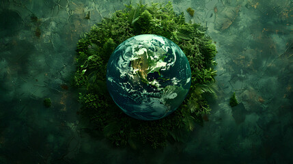 The Earth is encircled by greenery against a dark backdrop