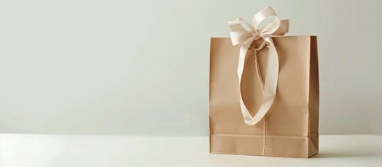 A paper shopping bag with ribbon handles on a white background is displayed to serve as a design template.