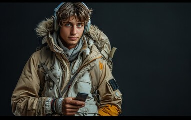 Obraz premium A young man is smiling and holding a cell phone while wearing headphones