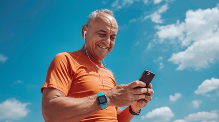 A man in an orange shirt is smiling while looking at his cell phone