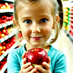 Cute little girl holding red apple in grocery store