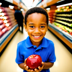 Young boy holding red apple in grocery store