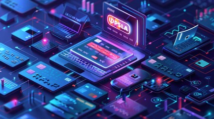 Highly detailed illustration depicting a secure digital payment environment with credit card and laptop on a vibrant technological background. - obrazy, fototapety, plakaty