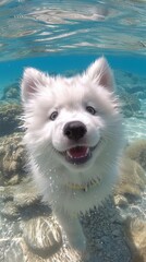 A white dog is in the water, smiling and looking at the camera