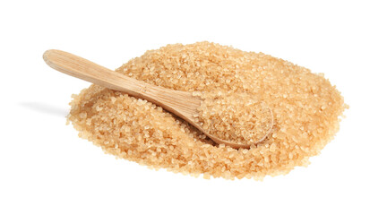 Pile of brown sugar and wooden spoon isolated on white