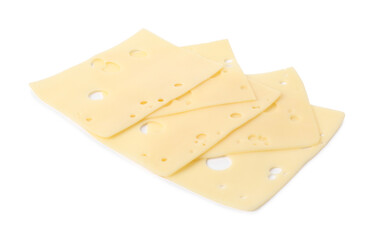 Slices of tasty fresh cheese isolated on white