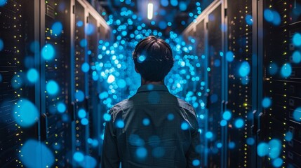 A young male IT employee stands in the middle of the office's server room. Facing away from the camera and looked at the rows of brightly lit high-tech computer equipment.ai generated. - Powered by Adobe