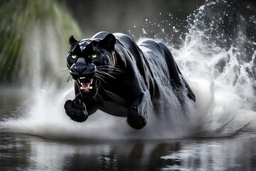 High speed black panther running through water