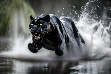 Zelfklevend Fotobehang High speed black panther running through water © MISHAL