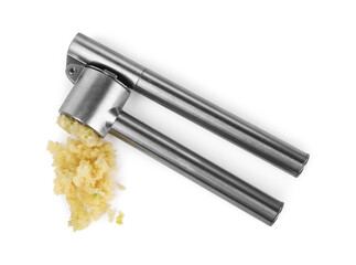 One metal press and crushed garlic isolated on white, top view