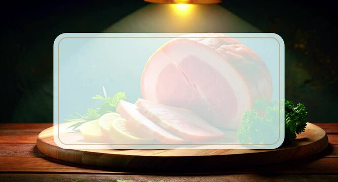 Succulent Ham with Lemon and Parsley on Cutting Board Moving Video Background with Text Placeholder. Video screensaver interlude for cooking videos or videos about BBQ, meat.