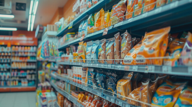 food products/snacks on the shelves in the convenience store/supermarket