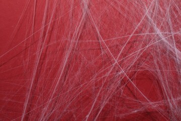 Creepy white cobweb hanging on red background