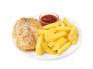 Delicious fish and chips with ketchup isolated on white
