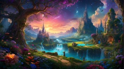 Fototapeta na wymiar The landscapes in this fantasy world are beyond imagination, with towering crystal forests that glisten in the sunlight and cascading waterfalls that flow with liquid silver. Caverns of glowing 