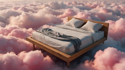 photo of an suitcase on the beach, In the serene and peaceful place of floating on a bed of pink clouds, surrounded by a dreamy sky, the music would likely reflect the tranquil and ethereal nature of  - obrazy, fototapety, plakaty