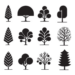 set of trees silhouettes on white