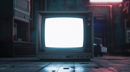 3D illustration of an blank screen retro television in a dimly lit room.