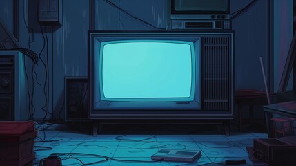 illustration of an blank screen retro television in a dimly lit room.